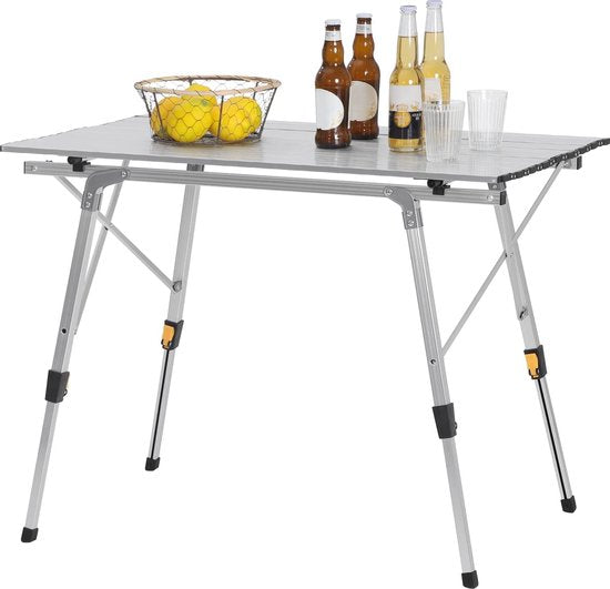 Rootz Camping Table - Bureau de pique-nique portable - Surface extérieure pliable - Support de voyage compact - Dîner en plein air - Mobilier de camping - Argent - 90x52.2cm