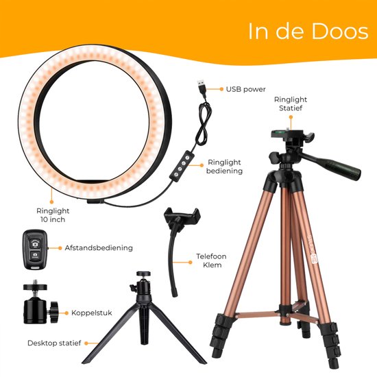 Studio ME Lampe annulaire avec trépied - 10 inch / 26 cm - Lampe annulaire - Rose Gold - Lampe Tiktok - Lampe annulaire avec trépied - 30 niveaux de lumière - Lampe annulaire - Télécommande et mini trépied inclus - Lampes annulaires