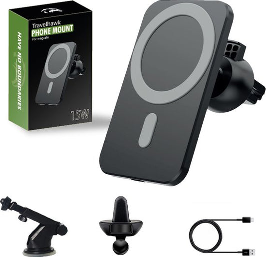 Travelhawk Magsafe Phone Holder Car - Convient à l'iPhone 11/12/13/14/15 - Chargeur sans fil - Supports de téléphone pour la voiture - Support Magsafe pour la voiture - Magnétique - Tableau de bord - Noir