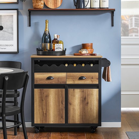 SoBuy Chariot de cuisine à roulettes, îlot de cuisine avec porte-bouteilles, 2 tiroirs et 2 portes, marron vintage, 89x40x87 cm, buffet et meuble de rangement - FKW122-SCH