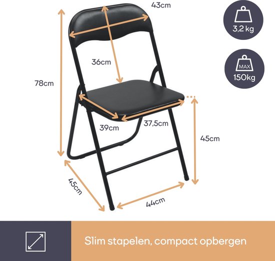 Perel Chaise pliante, pliable, résistante aux intempéries, 150 kg maximum, événements, réunions, petits espaces, noir