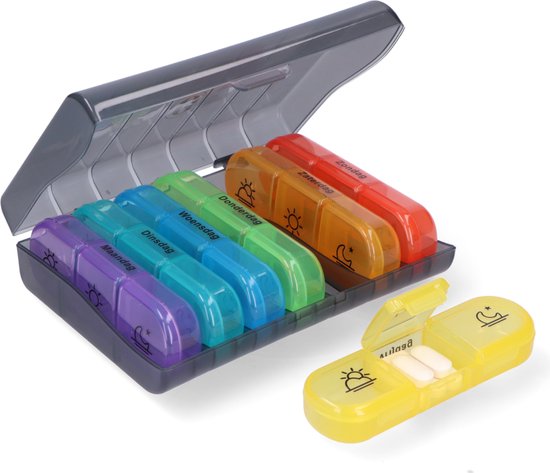 Pilulier Gandria 7 jours - Pilulier amovible - Boîte à médicaments avec 21 compartiments - Boîte à médicaments avec fermeture solide - 3 compartiments par jour - 7 couleurs