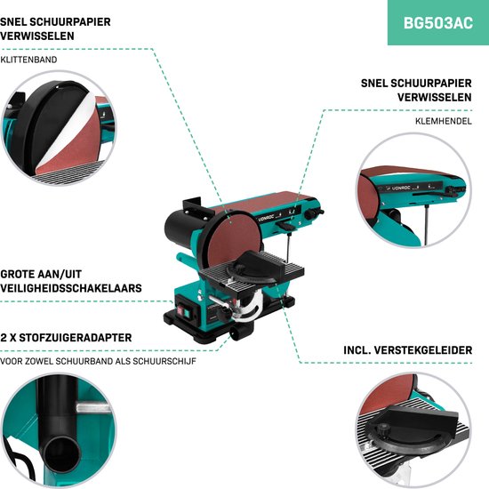 VONROC Ponceuse à bande et à disque 350W - Inclut 2x bande abrasive 100 x 915 mm (P80 & P120) et 2x disque abrasif Ø150 mm (P80 & P120)
