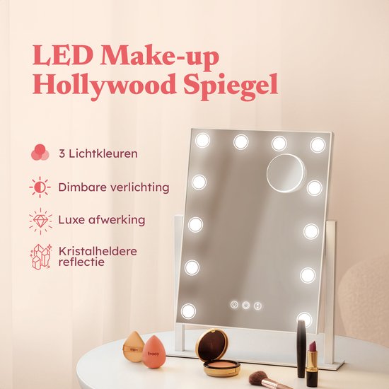 Fraay® Hollywood Mirror with Lighting 41x30cm - 3 Light Stages - Make-up Mirror with 10x Magnification Mirror - LED Spot Lighting Dimmable - Incl. Beauty Blenders and Powder puff
