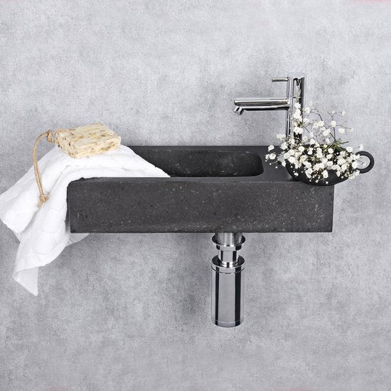 Differnz Fontaine Luxor - Evier en pierre naturelle - Noir - Robinet courbe - Chrome - Poignée standard - 38 x 14 x 8 cm