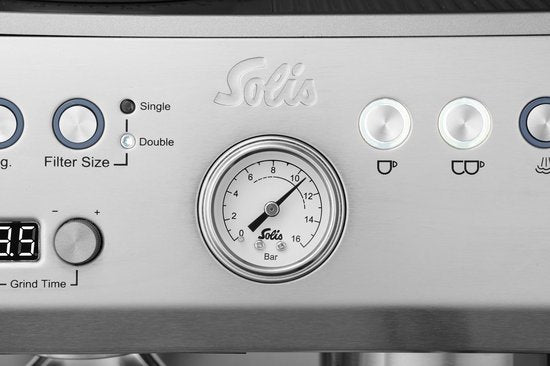 Solis - Machine à espresso avec moulin à grains - réservoir d'eau de 2,6 l & avec mousseur à lait - manomètre et pré-infusion intégrés - pour une qualité de barista à la maison - acier inoxydable argenté
