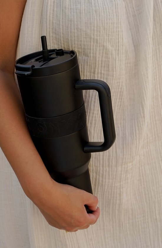 ONYX Bouteille à boire avec paille 1,2 litre - Bouteille d'eau pour enfants et adultes - Tasse thermos - Tasse de voyage - Buveur motivé - Tasse à boire pour l'école - Noir