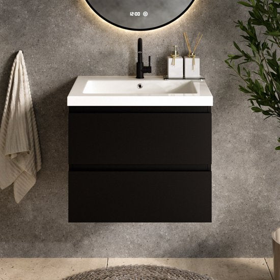 Mirlux Meuble de salle de bains Mat Noir 60 cm - Lavabo Blanc - Ensemble de meubles de salle de bains - Meuble lavabo Mat Noir