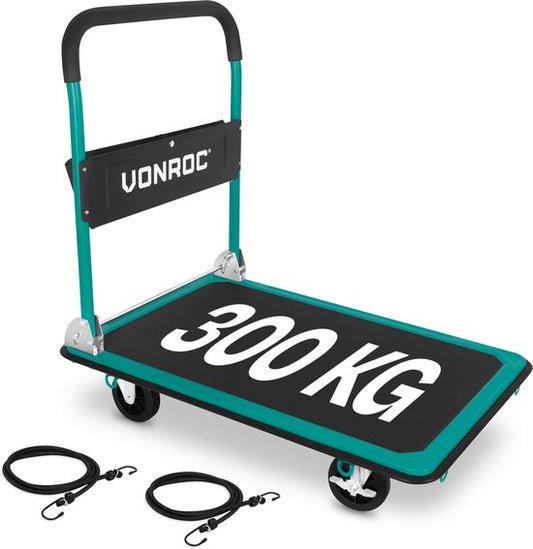 VONROC Chariot à plate-forme - pliable - capacité de charge max. 300 kg - grande plate-forme de chargement 90x60 cm - chariot de transport - avec sangles d'arrimage
