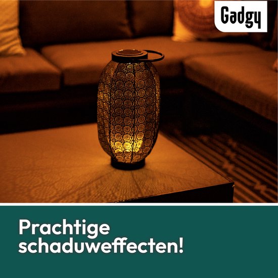 Gadgy Solar Lantaarn Bloem Groot - Solar tuinverlichting op zonneenergie - Led buitenverlichting met dag/nacht sensor - Tafellamp - Tuinlantaarn - Metaal - 36 x Ø20 cm - zwart / goud