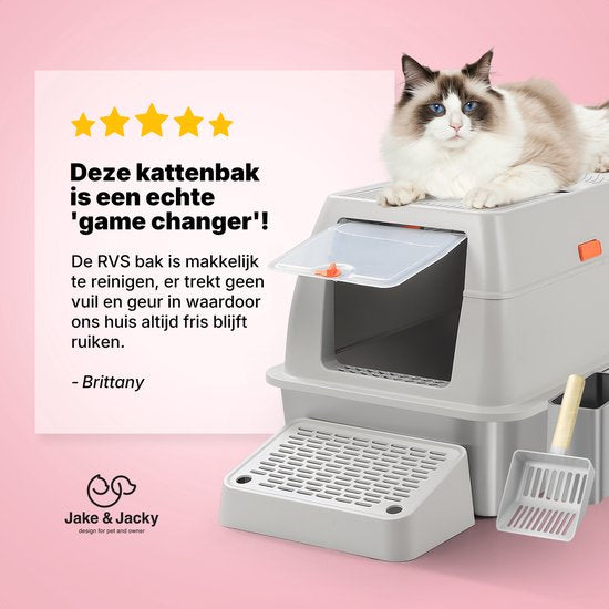 Jake and Jacky Stainless Steel Litter Box Hop In - Toilette pour chat en acier inoxydable - avec pelle à litière et support et marche de ramassage des gravillons - entrée par le haut - bac à litière ouvert 3 en 1 avec couvercle amovible - 60x40x38cm