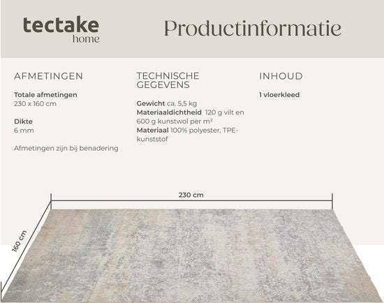 tectake® Tapis design vintage - Dalia - Tapis à poils ras pour le salon, la chambre d'enfant, la chambre à coucher ou le couloir - Lavable - Dim. div. - 160x230cm - beige