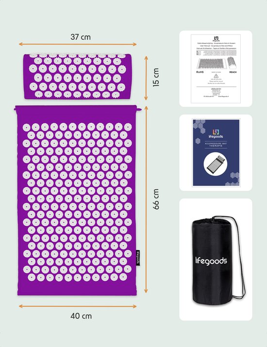 LifeGoods Tapis d'acupression avec coussin - Tapis Shakti - Tapis pour ongles avec 2 balles pour points de déclenchement - 66x40x2cm - Violet/Blanc