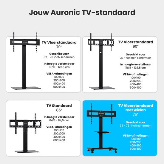 Auronic TV Stand - Pied TV - Mobile - Rotatif - Réglable - Inclinable - Roues avec frein - 32 à 75 pouces - Noir