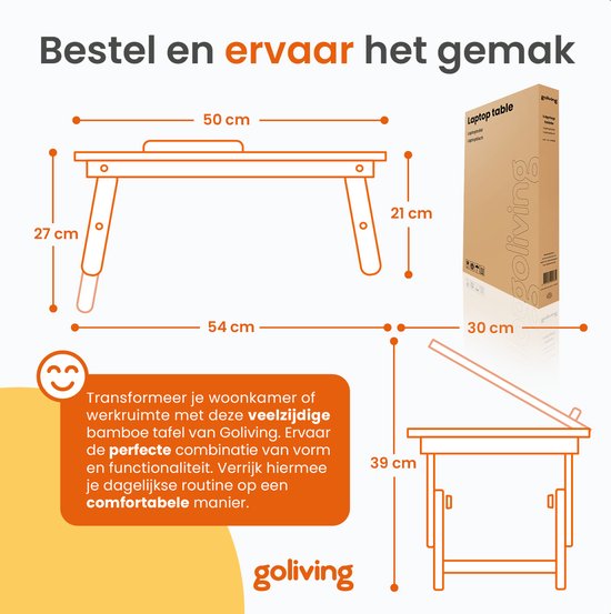 Table pour ordinateur portable Goliving - Hauteur 39 cm - Plan de travail réglable et pliable - Table pour ordinateur portable ergonomique - Table de banc - Table de lit - Support pour ordinateur portable - Bois