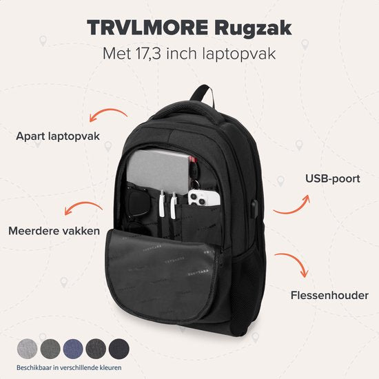 TRVLMORE Sac à dos avec durée de vie - Sac à dos avec compartiment pour ordinateur portable 17 pouces - Cartable - Résistant aux éclaboussures - Hommes et femmes - Garçons et filles - 36L - Noir