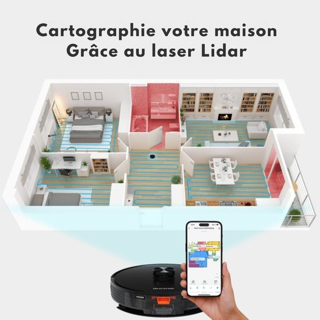 Robot Aspirateur Auronic - Avec fonction balayage - WiFi et App - Station de charge - Animaux domestiques - Navigation laser - Noir