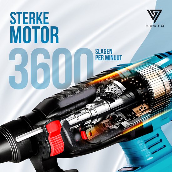 Vesto® Marteau perforateur électrique - Perceuse à percussion sans fil - Marteau perforateur avec fonction burin - Marteau combiné sans fil - Perceuse à béton - Comprend un jeu de perceuses, 2 batteries et un chargeur
