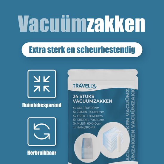 Travelly® Vacuum Bags & Travel Bags Set - Clothing Storage & Travel - Airtight - Includes Pump - Reusable - Space-saving - Set of 24 - Transparent