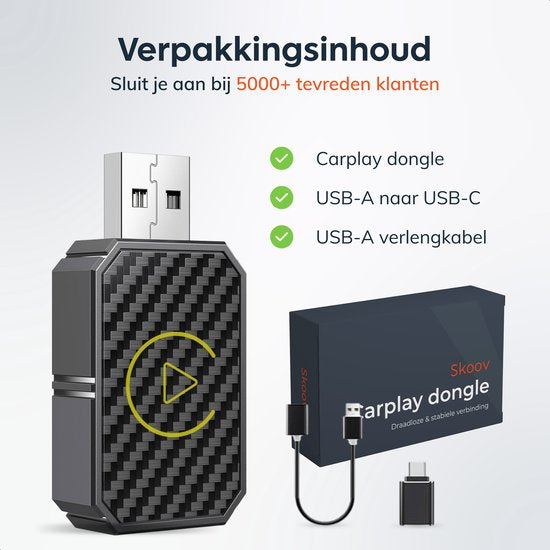 Dongle sans fil CarPlay & android - PRO mini - Apple - Android - Voiture - Bluetooth - Sans fil - Récepteur sans fil - AirPlay - Compact - incl USB-C - Skoov