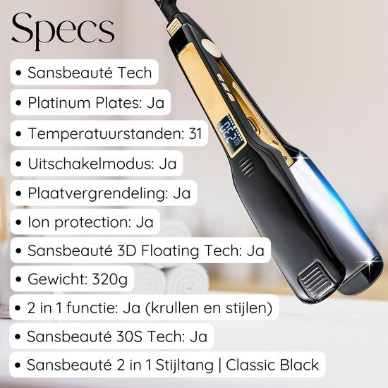 Sansbeauté® Professional Straightener - 2 in 1 - Curling tongs - Straighteners - Hair Straightener - Fast Warm-up - 80℃ to 230℃ - Straightening & Curling - ION technology