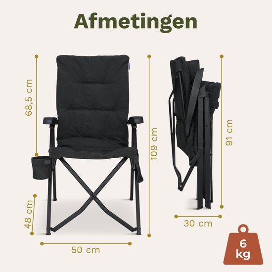 TRVLMORE Chaise de camping de luxe - pliable - capacité de charge de 150 kg - sac de transport inclus - chaise pliante - chaise de camping - chaise pliante - noir