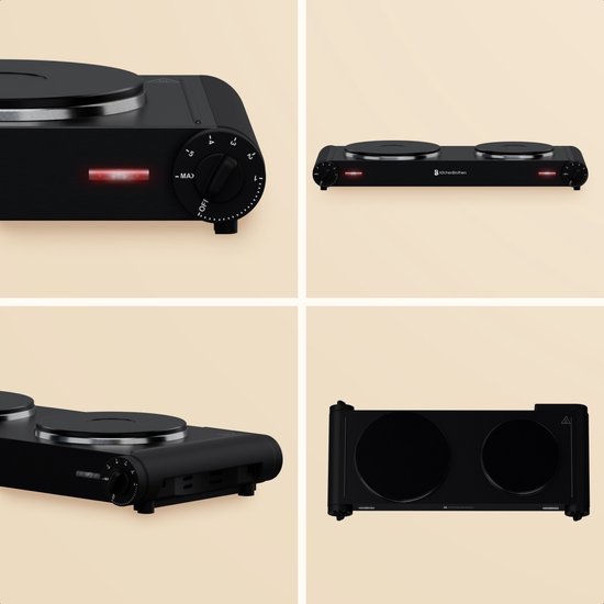 Table de cuisson électrique KitchenBrothers - 2 brûleurs - pose libre - 7 réglages de température - 1500W + 1000W - Noir