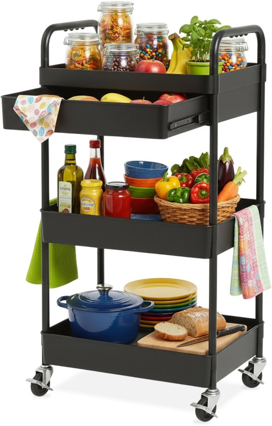 Chariot de cuisine avec tiroir sur roulettes - 3 étages - Étagère de cuisine - Chariot de service - Armoire - Chariot - Rangement - Armoires de douche sur pied - Étagère - Noir - Luft