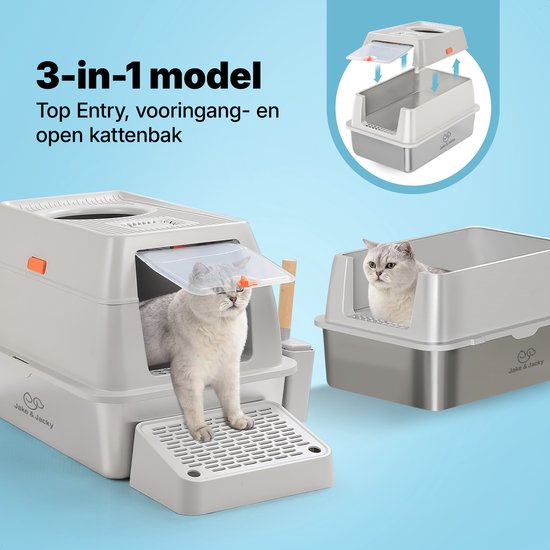 Jake and Jacky Stainless Steel Litter Box Hop In - Toilette pour chat en acier inoxydable - avec pelle à litière et support et marche de ramassage des gravillons - entrée par le haut - bac à litière ouvert 3 en 1 avec couvercle amovible - 60x40x38cm