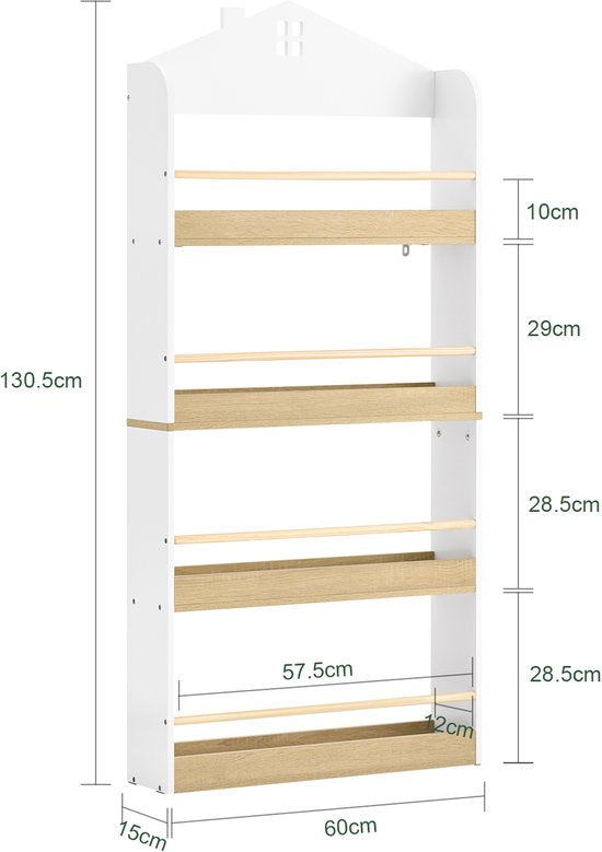 SoBuy KMB121-WN Bibliothèque pour enfants, 4 niveaux, meubles, jouets, bibliothèque, meuble de rangement, étagère, chambre, blanc/naturel, 60 x 15 x 130,5 cm