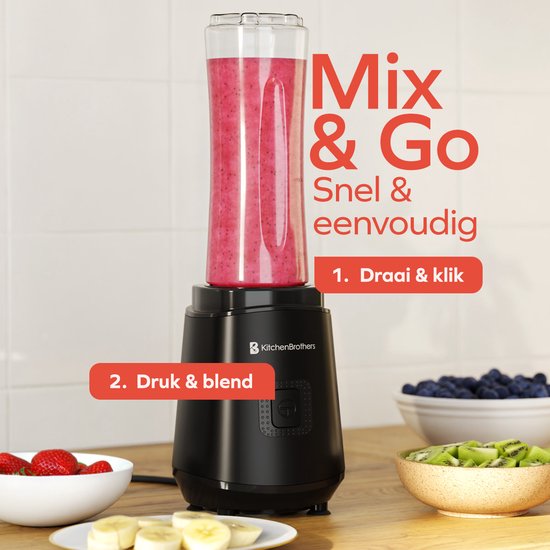 KitchenBrothers Mini Blender - Blender to Go - Smoothie Maker - 2 To-Go Cups 600 ml - Noir