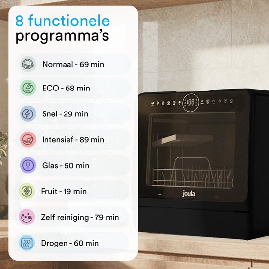 Joula Mini lave-vaisselle avec réservoir d'eau - 8 programmes de lavage - 5 couvercles - Petit lave-vaisselle étroit à poser - Camping - Noir
