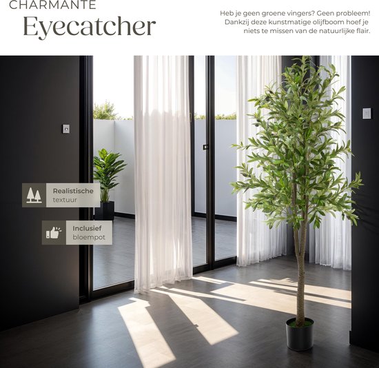 tectake® Olivier artificiel Oleand - Plante artificielle méditerranéenne avec feuilles et olives réalistes - Facile d'entretien et polyvalent - Pot de fleurs robuste inclus - Hauteur : 180 cm