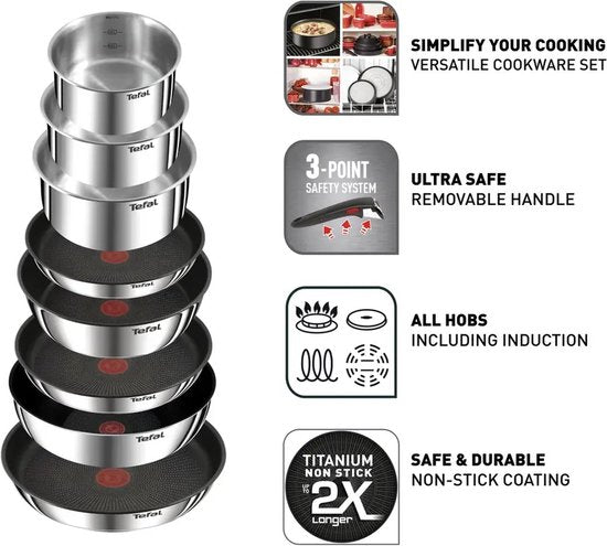 Tefal Ingenio Emotion - Batterie de casseroles - 20 pièces - Induction - Empilable - Poignée amovible - Gain de place