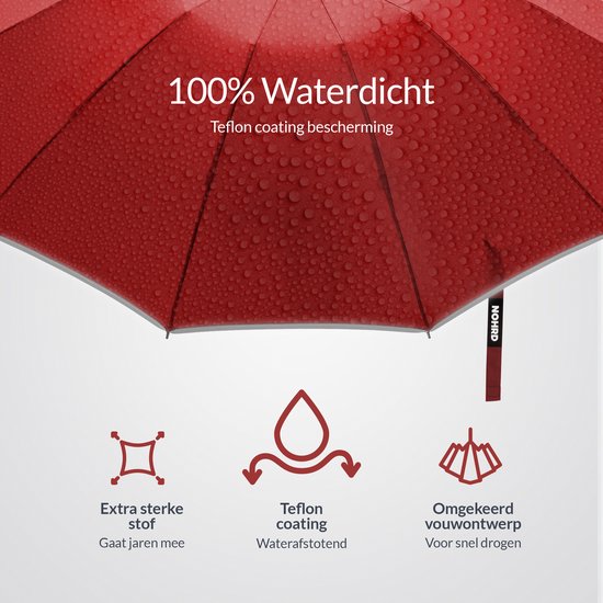 Nohrd Storm Umbrella - Bordeaux Red - Parapluie pliable - Stormproof 108 km/h - Parapluies tempête - Pliage et dépliage automatique - Réfléchissant - Parapluies - Housse de protection incluse