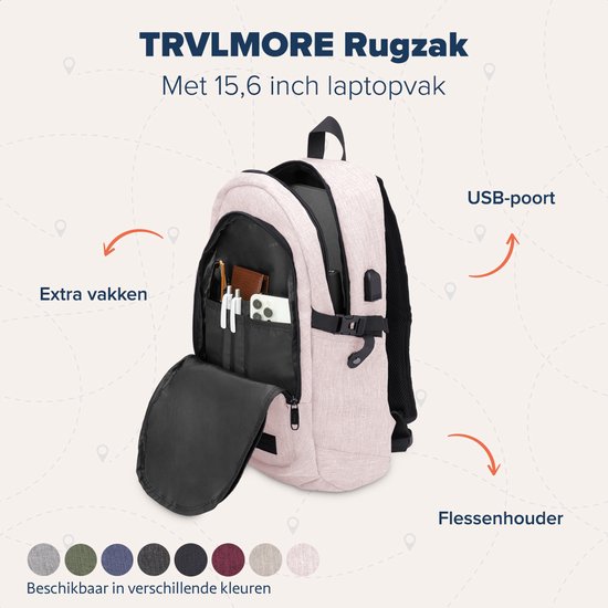 TRVLMORE Sac à dos - 25L - 15.6 Inch - Sac à dos pour ordinateur portable avec USB - Cartable - Homme et Femme - Sac Rose