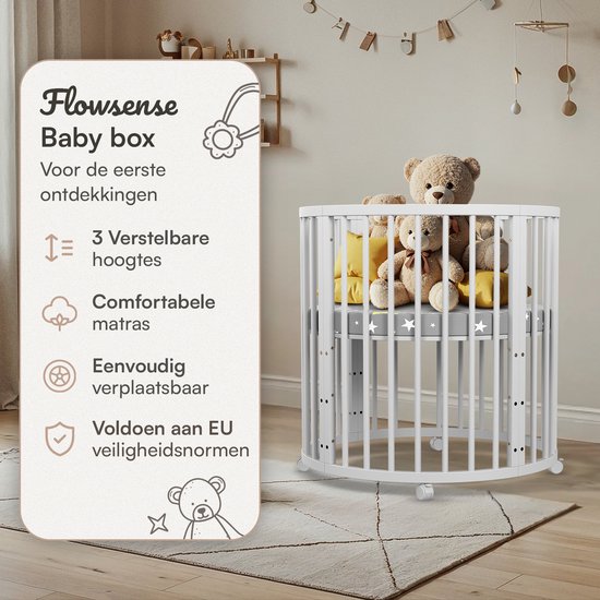 Flowsense Baby Box - Parc pour enfants rond - avec matelas - hauteur réglable - roulettes - blanc