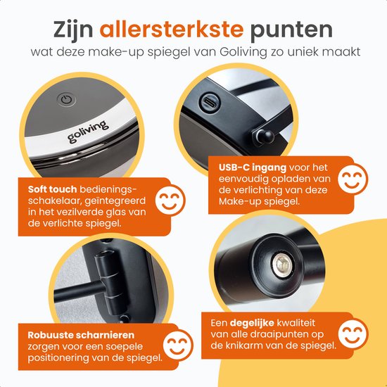 Goliving Miroir de maquillage avec éclairage - Ø25 cm - grossissement 10x - miroir de maquillage graduable - miroir de rasage - éclairage LED - rechargeable par USB-C - double face - 27 x 27 cm - noir