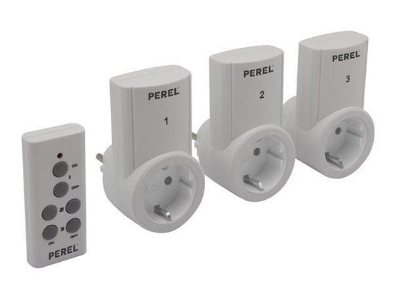 Perel Prises, avec télécommande, set de 3, sans fil, portée jusqu'à 25 m, 10 A, 2300 W, blanc