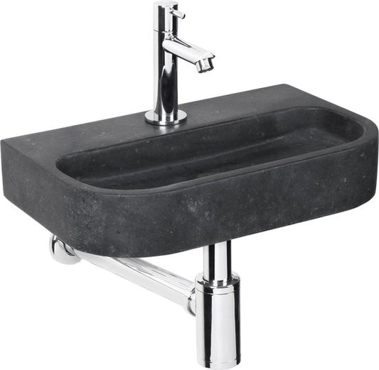 Differnz Fontaine ovale - Evier en pierre naturelle - Noir - Robinet droit - Chrome - Poignée standard - 38 x 24 x 8 cm