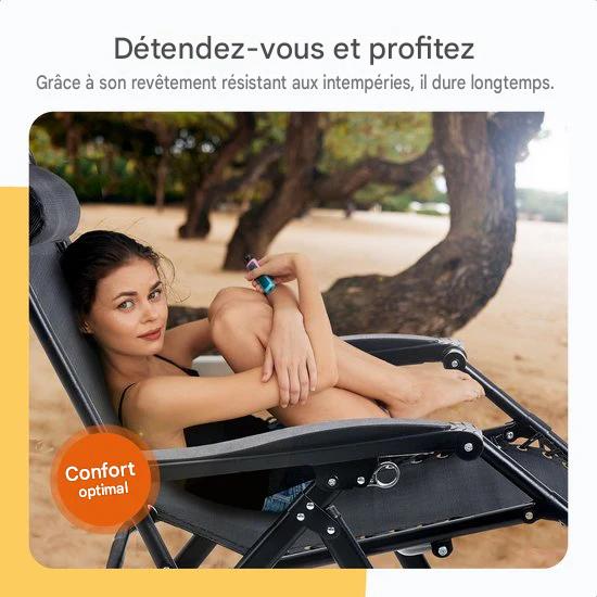 Chaise longue pliante Goliving - 3 pieds - 110 x 66 x 178 cm - Chaise de jardin réglable avec table - Chaise de camping pliante - Chaise longue d'extérieur - Chaise pliante de jardin - Noir