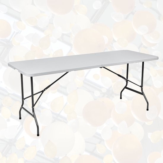 BRASQ Table pliante pliable blanche - 180x70x74cm- Table de camping - Table pliante - Résistante aux intempéries - Table avec poignée de transport