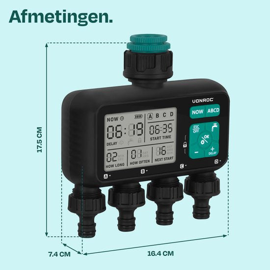 VONROC 4-way water timer - Ordinateur d'arrosage pour 4 zones - Temps et fréquence d'arrosage réglables par zone