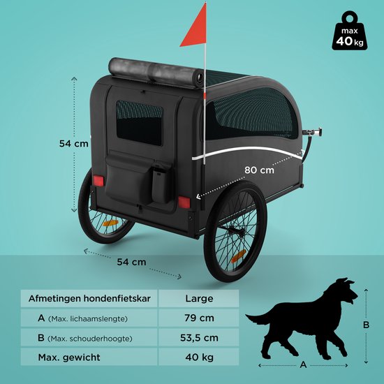 Trevopet® remorque vélo pour chien - remorque vélo pliable pour chien - remorque pour chien - convient aux vélos électriques - jusqu'à 40 kg - pour chiens de taille moyenne et grande - noir