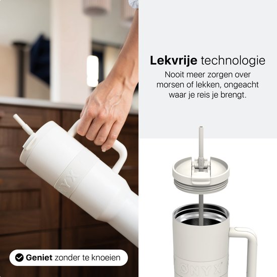 ONYX Bouteille à boire avec paille 1 litre - Bouteille d'eau pour enfants et adultes - Mug Thermos Mug de voyage en acier inoxydable - Buvette de motivation - Tasse à boire pour l'école - Blanc Coco
