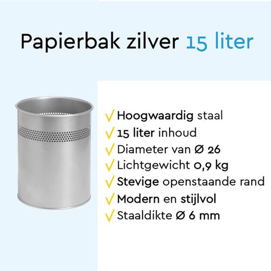 BRASQ Trashcan Metal Office/Home Use - Poubelle - Corbeille à papier - Rond - Poubelles - Argent 15 litres