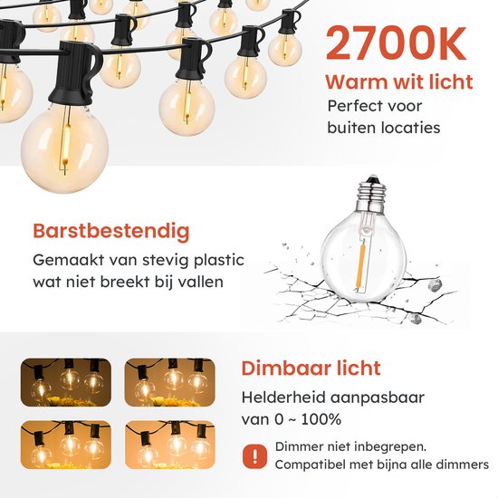 Partizzle Guirlande lumineuse étanche de 15m - Guirlande de 25 LEDs - Guirlande lumineuse de Noël pour l'extérieur, la terrasse et le camping - Lumières de Noël / Lumières de jardin - 2700k / Blanc chaud