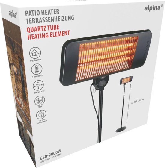 alpina Infrared Heater Stand - Terrace Heater 2000W 3 Heat Settings - Splashproof Terrace Heater IP24 with Infrared Panel