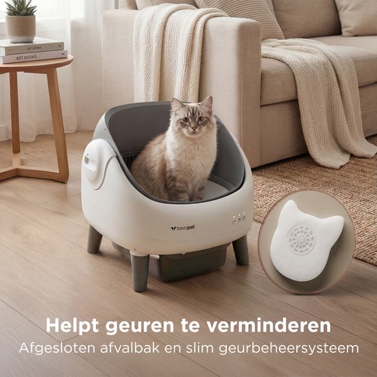 TrevoPet® Air - Bac à litière automatique avec application - autonettoyant et sûr - pour chats jusqu'à 12 kg - tapis, 60 sacs à déchets et accessoires inclus - poubelle de 10 litres - blanc et gris