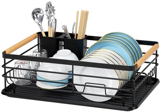 Ceruzo Porte-vaisselle avec égouttoir - Porte-couverts - Egouttoir en métal - Egouttoir en plastique - 42x31x15cm- Noir